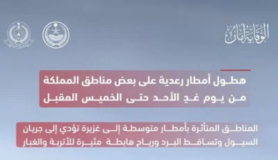 أمطار رعدية على بعض مناطق المملكة من الأحد حتى الخميس المقبل