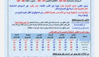 مصر تُقبل على أسبوع حار للغاية.. هيئة الأرصاد تُحذر من حالة الطقس خلال الأيام الستة المقبلة